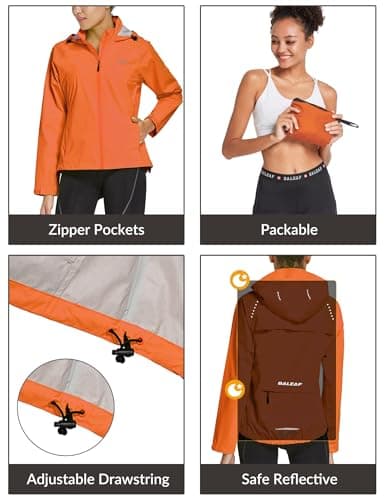 baleaf Waterproof Jackets Women Cycling Jacket Womens Lightweight Outdoor Rain Coats Packable Running Windproof Walking Orange M — view 6