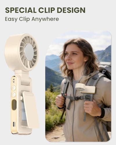 Joneytech Turbo Portable Fan with Ice Cooler, Mini handheld fan with Battery，4-in-1 Foldable Neck Fan with Clip and LED Display, 12 Hours Cooling Fan for Summer Travel Holiday essentials（Cream） — view 4