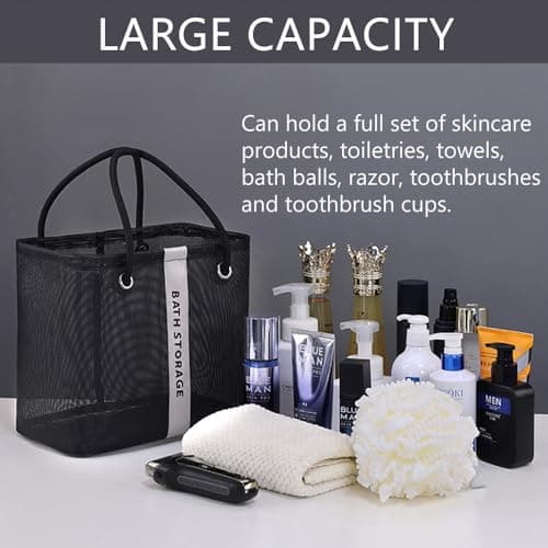 PIGIAOKA 2 Pack Mesh Shower Caddy Basket, Portable Shower Caddy Bag Cleaning Supply Storage Organizer with Handle for College Dorm Bathroom, Swimming, Gym, Beach, Travel (Black & White) — view 6