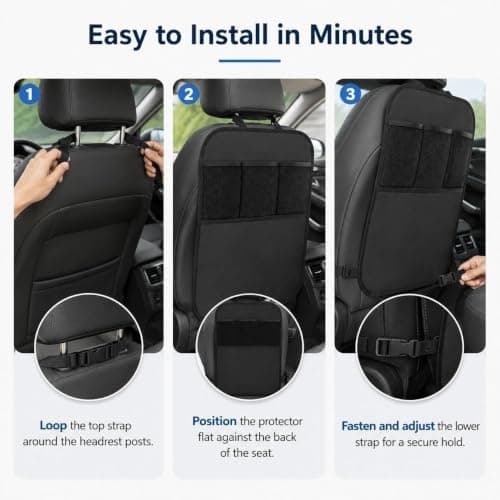 Plumaire 2 Pcs Car Seat Back Protector Set, 60 x 45 cm Rear Seat Protector with Support Cushion, 3 Storage Mesh Pockets and Adjustable Straps, Waterproof and Stain-Resistant (Black) — view 5