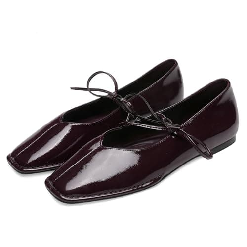 ETPSJKR - Women's ballet flats with laces, square toe, ballerina shoes, pretty bows, flat shoes for office, Burgundy, 26.0 cm — view 4