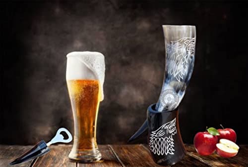 THE ANTIQUE HOUSE Genuine Viking Drinking Beer Horn Mug Wolf Engraving Wine Mead Mug with Stand & Bottle Opner-Leather Holder Food Safe — view 4
