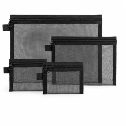 4 Pcs Nylon Mesh Zipper Bags for Cosmetics, 3 Sizes Waterproof Clear Makeup Pouch Organiser for Travel, Toiletries & Small Accessories, Black