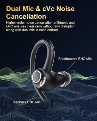Sports Wireless Earbuds with EarHooks HiFi Stereo Sound with ENC Mic, Black — view 5