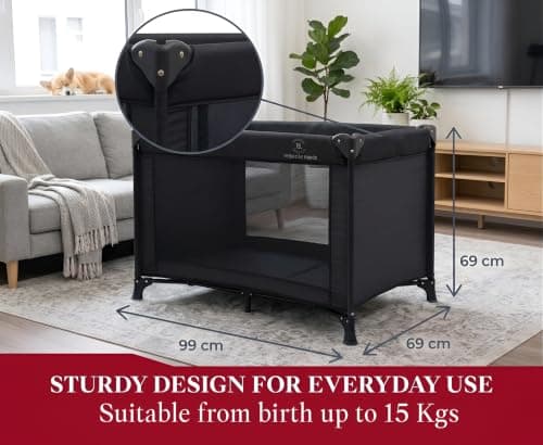 REQUISITE NEEDS Travel Cot, Lightweight, From Birth to 15kg, Easy Fold & Compact, Padded Mattress, Travel Bag - Black — view 2