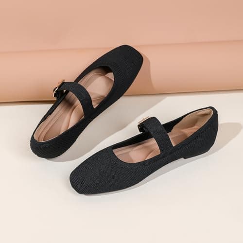 Deehuion Mary Jane for Women Square Toe Knit Ballet Flats Ankle Strap Shoes — view 5