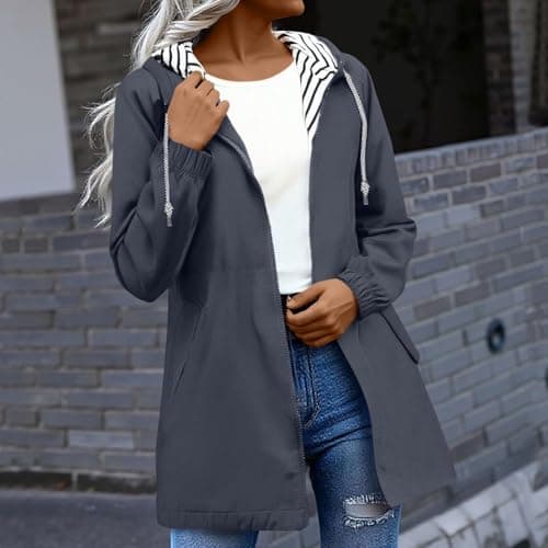 Gkojhj Womens Waterproof Jackets Lightweight Hooded Long Rain Coat Rain Jacket Ladies Functional Windbreaker Jacket Softshell Plus Size Breathable Hiking Outdoor Trench Coats — view 2