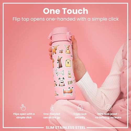 Ion8 Lightweight Steel Water Bottle, 600 ml/20 oz, Non-Insulated, Leak Proof, Easy to Open, Secure Lock, Dishwasher Safe, Flip Cover, Fits Cup Holders, Carry Handle, Metal Water Bottle, Dogs — view 3