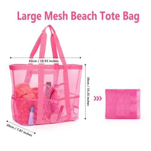Jenck Large Mesh Beach Tote Bag, Oversized Swim Bag with Multiple Pockets, Portable Quick Dry Sandproof Pool Tote for Travel Gym Vacation, Rose — view 4
