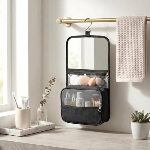 SUNNYNEST Unisex Travel Makeup Bag with Mirror – Foldable Hanging Toiletry Bag, Vanity Case & Makeup Organiser for Business Trips, Camping, Fitness & Weekend Getaways (Black) — view 5