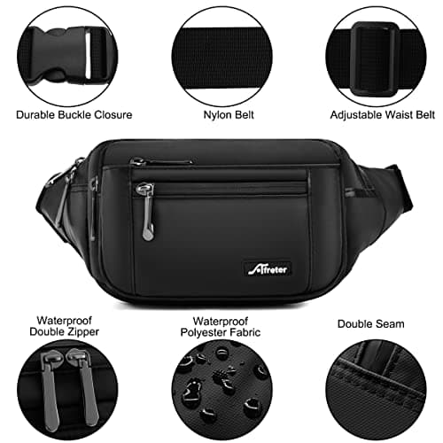 REETEE Waterproof bumbags for Ladies Men Fashion Bum Bag with Adjustable Belt and 5 Zipper Pockets Large Capacity Fanny Pack Waist Bag for Outdoors, Sport, Hiking, Travel (A-Black) — view 6