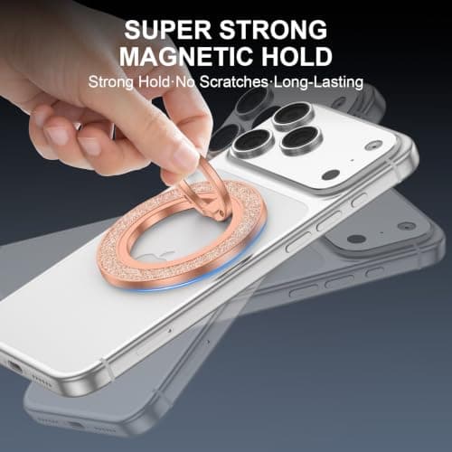 Magnetic Phone Ring for Magsafe Grip Stand, 360° Rotating Finger Loop Kickstand Magnet Cellphone Grip Holder Compatible with Mag Safe Car Mount iPhone 17 Air 16 Pro 15 14 13 14, Glitter Rose Gold — view 6