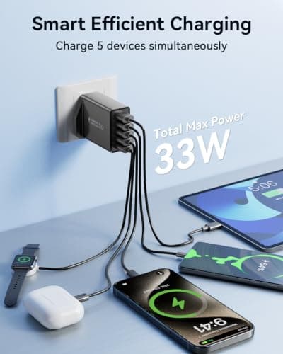 5-Port Multi USB Plug Adapter UK, 33W USB Plug Fast Charger with Quick Charge 3.0 Wall Charger, USB Charger Fast Charging Plug for iPhone 17 16 15 14 13 12 11 Pro Max X XR XS 8 7 6 6s Se, iPad,Samsung — view 2