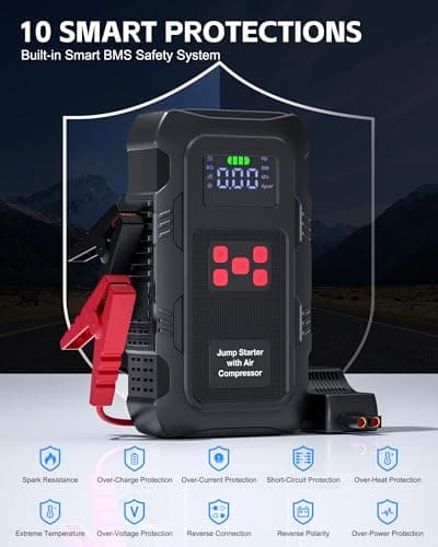 Povasee Jump Starter Power Pack with Air Compressor 150PSI, 9000A Car Jump Starter with Auto Shutoff Tyre Inflator, 12V Battery Booster (10L Gas/8L Diesel) Jump Pack with LED Light, Outport (Red) — view 4