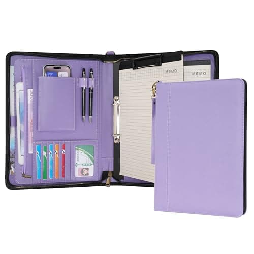 Wason A4 Portfolio with Zipper - Leather PU Padfolio with Detachable Ring Binder and Writing Notepad Holder, Conference File Multi-Pockets Organizer for Office Travel School (Purple)