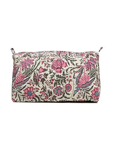 Cotton Hand Block Floral Print Toiletry Bag for Women Make Up Cosmetic Bag Jewelry Organizer Kit Storage Bag Case Travel Accessories Essentials Toiletries Purse Open Pouch, Multi (9.25"x 6.88"x 4.5") — view 2
