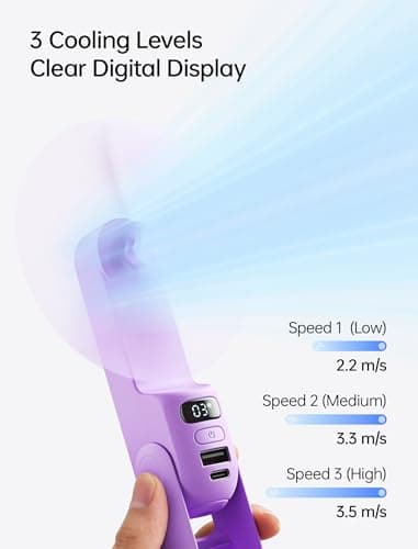 JISULIFE Portable Handheld Fan, 3 In 1-Fan, Power Bank, Flashlight, Purple — view 5
