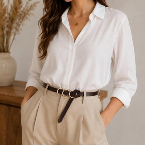 es-uk Women's Skinny Waist Belt, Thin Leather Dress Belt with Gold Triple Ring Buckle, Adjustable Fashion Belt for Dresses, Jeans, Trousers, Blazer & Coat (2601 - Chocolate Brown) — view 3