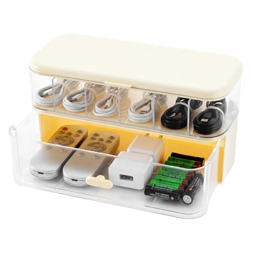 EVERGOODS Dual Layer Charger Storage Box 7 Compartment Data Tidy Cable Management Box, Cord Organizer Box for Desk - Holds Chargers Plastic Storage Box for Charger Organiser (Cream, 8.9"x3.7"x4.9") — view 2
