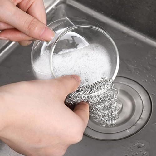 Stainless Steel Scrubber 10cm Cast Iron Cleaner Handmade Ring Chain Scrubber for Pans Non-Scratch Lightweight Metal Pot Cleaner for Camping Travel Use 10x10cm Stainless Steel Scourer for Baking Sheets — view 3