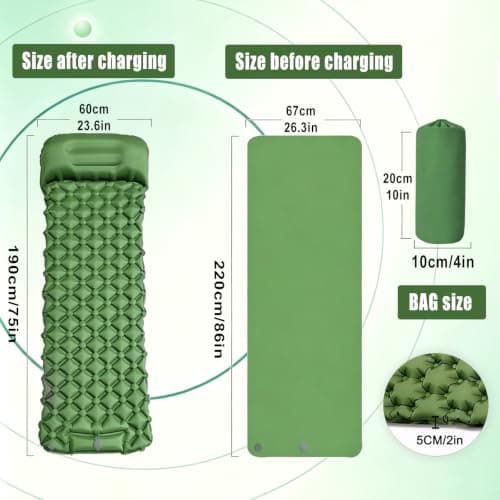 Toced Camping Sleeping Pad, Ultralight Self Inflating Sleeping Mat with Pillow Built-in Foot Pump Waterproof Compact for Backpacking Hiking Traveling Tent (Green) — view 2