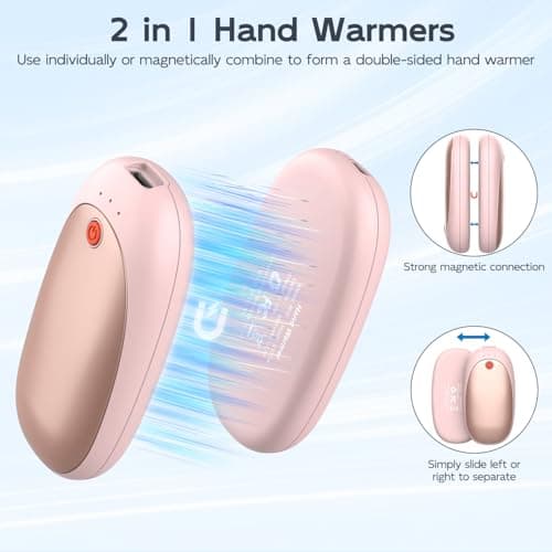 Mezeic Rechargeable Hand Warmers 2 Pack, 6000mAh Electric Hand Warmer Pocket Magnetic Heater Christmas Winter Warm Gifts for Outdoor Golf Hiking Camping, Gloves Fitting, Travel Essentials - Pink — view 3