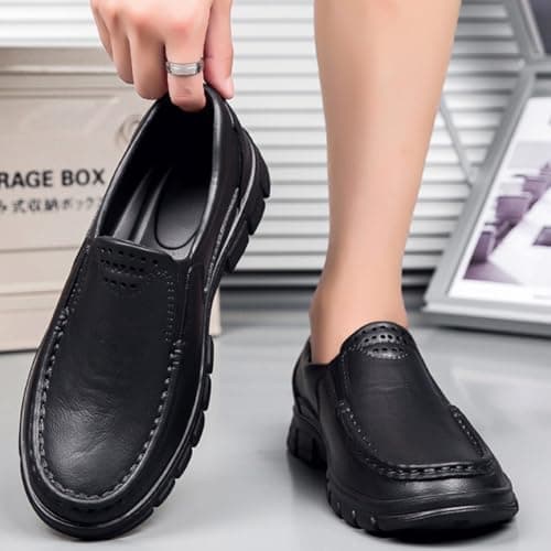 Dress Loafers Shoes for Men Moccasins Leather Shoes Without Laces Slip On Loafer Moccasins Flat Sole Low Shoe Non-Slip Casual Sneakers Comfortable Driving Shoe Lightweight Business Sneakers Black — view 2
