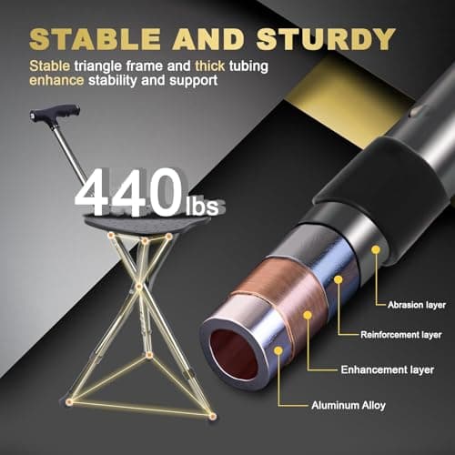 Walking Stick with Light & Seat- Adjustable Folding Walking Sticks for Women and Men - Lightweight Portable Collapsible Balancing Walking Aid - Travel Walking Cane for Ladies Elderly Adults (Black) — view 2