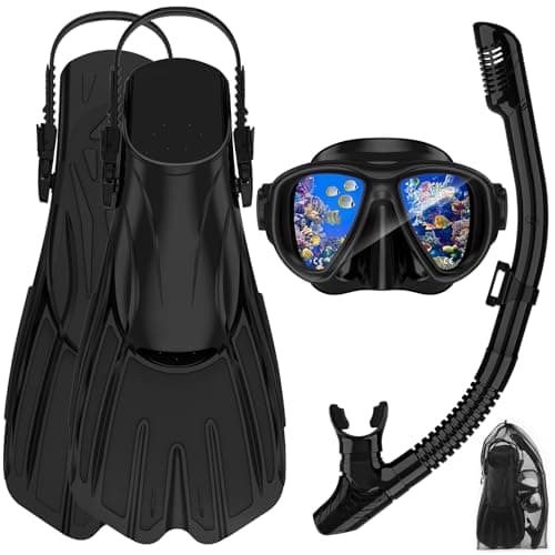 Snorkeling Gear for Adults, 3 in 1 Snorkel Set with Panoramic View Diving Mask Anti-Fog Anti-Leak,Dry Top Snorkel,Fins and Travel Bag for Swimming,Snorkeling and Travel Diving, Black
