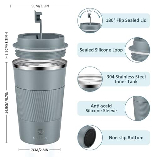 CS COSDDI Travel Mugs, Insulated Coffee Cup with Leakproof Lid - Reusable Coffee Cups Travel - Car Coffee Cup - Stainless Steel Coffee Mug for Hot and Cold Water(Grey, 380ml) — view 3