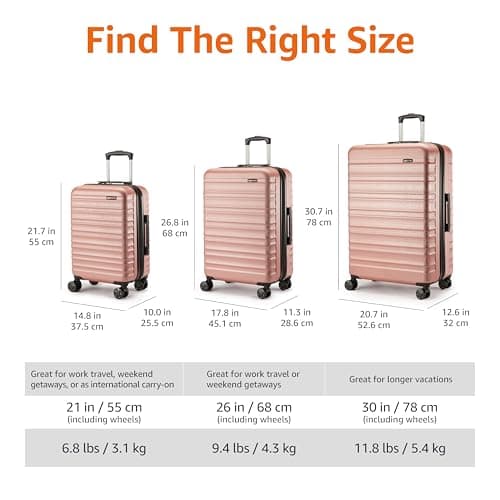Amazon Basics Hard Shell Luggage Set (Small + Medium + Large) - Expandable ABS Travel Luggage with 4 Double Spinner Wheels - Scratch Resistant and Lightweight Construction - Rose Gold — view 4
