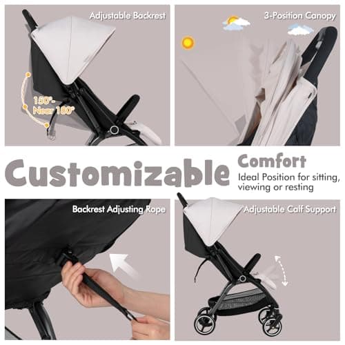 COSTWAY Baby Pushchair, One Hand Foldable Toddler Stroller with Adjustable Backrest & Canopy, 5-Point Harness, Storage Basket, Lightweight Travel Pram for Infants 0-36 Months (Beige) — view 2
