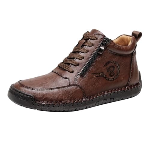 Mens Lace up Orthopedic Leather Boots Wide Fit Walking Shoes with Zipper Slip on Arch Support Flat Trainers Men Lightweight High Top Non-Slip Outdoor Hiking Trekking Sneaker (Bronze, 7.5)