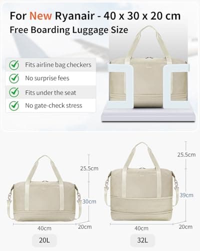 ECOHUB for Ryanair Cabin Bags 40x30x20, Expandable Underseat Hand Luggage Bag, Foldable Carry On Bag with Removable Wet Pocket, Water-Resistant Overnight Hospital Weekend Bag for Women (Beige) — view 2
