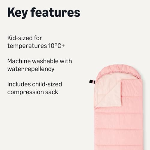 Amazon Basics Kids Sleeping Bag for Camping, 10°C Rated, Machine Washable, Hood, Compression Sack, Pink, 168 x 74 cm — view 2