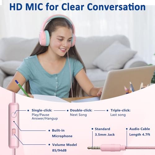 MOXKING Kids Wired Headphones with Microphone, Safe Volume Limiter, Pink — view 4