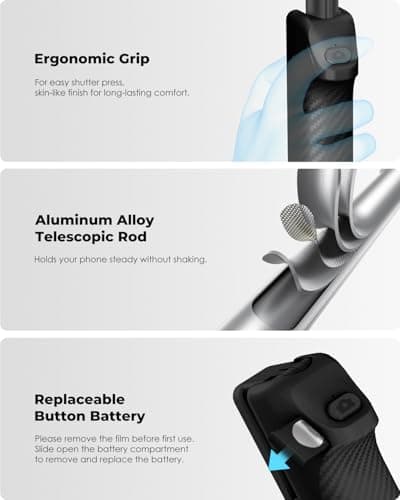 Viozon Selfie Stick, Telescopic Aluminum Alloy Pole, Max Length 68cm, 100g Light Weight, Wireless Remote Control Button, Portable & Foldable, Ergonomic Handle, Black — view 6