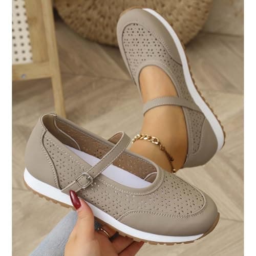 Women's Vintage Perforated Mary Jane Sneakers Chic Buckle Loafers Breathable Walking Shoes for Travel and Weekend Trips Khaki — view 2