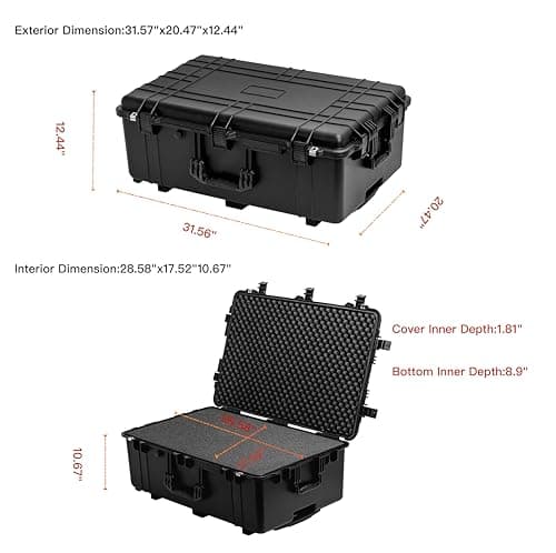MEIJIA Waterproof Heavy Duty Hard Protective Case,Hard Camera Case with Retractable Pull Handle and Rolling Wheels,Customizable Fit Foam Inserted,Elegant Black (31.57"X20.47"X12.44") — view 4