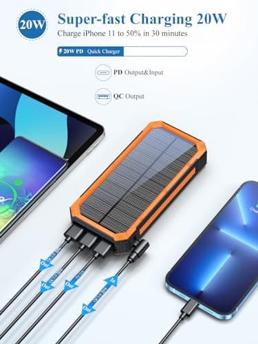 Solar Charger Power Bank 20000mAh, Portable Solar Panel Charger with Bright LEDs & 4 USB Outputs, Quick Charging Solar Phone Charger Battery Pack for Smartphone Tablets Camping Outdoor (Black) — view 3