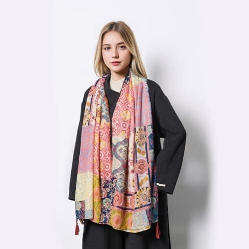 QIUTIMIY Scarf for Women Lightweight Soft Floral Printed Scarves Fall Winter Fashion Shawl Wrap with Fringe(Leaves-Orange Pink) — view 6