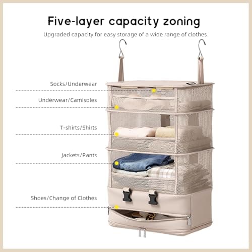 ACESOME Hanging Storage, 5-Shelf WaterproofSuitcase Organiser Bags, Cube Wardrobe Storage Organiser, Collapsible Travel Laundry Bag, Large Capacity Instant Wardrobe for Suitcase (1Pcs) — view 4