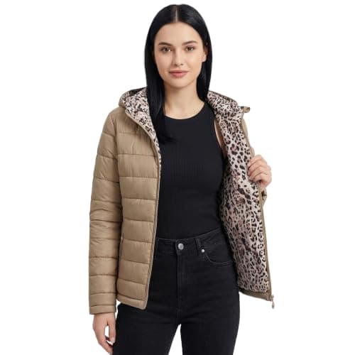Vibes Ladies Jackets Women Reversible Winter Down jacket Lightweight Packable Jackets for Women Zipper Hooded Coat with Pockets Windproof Waterproof (UK, Alpha, S, Regular, Regular, Beige)