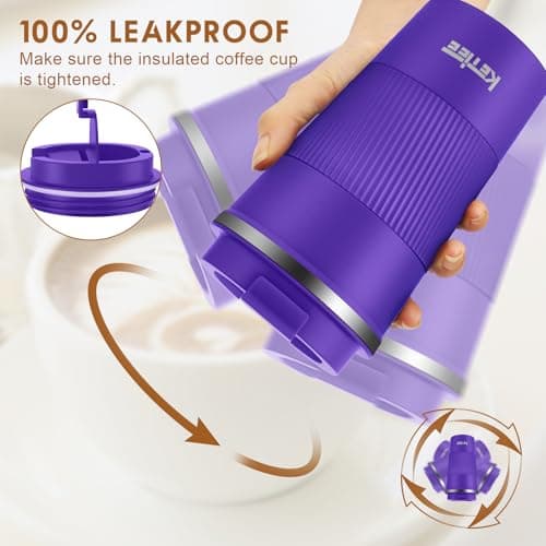 KETIEE Travel Mug with Leakproof Lid, Reusable Insulated Coffee Cup, Double Walled Stainless Steel for Hot & Cold Drinks, 510ml Deep Purple — view 3