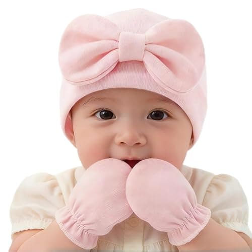 TouKingda Newborn Baby Girls Hat Mittens 2 Pack 0-6 Months Pink