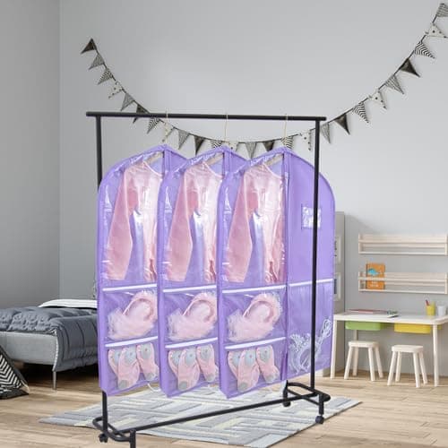 Dance Costume Garment Bags, 40" Hanging Dance Costume Garment Bag Kids Garment Bags with 3 Zippered Pockets,Clear Dance Dress Costume Cover Bag,for Dancer Girls Competition Travel,1 Pack,Purple — view 6
