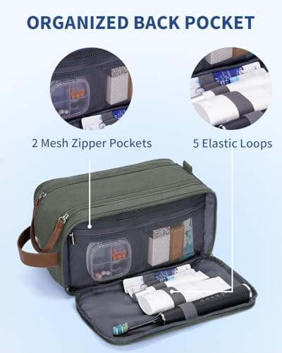 WANDF Toiletry Bag for Men Travel Wash Bag Toiletry Organizer Canvas and PU Leather Dopp Kit Water-Resistant Shaving Kit for Travel Accessories (Green, Patent Pending) — view 4