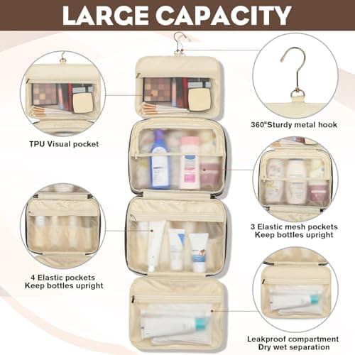 Yeiotsy Hanging Travel Toiletry Bag - Waterproof Vegan Leather Organizer with Wet-Dry Compartments, Foldable Design for Camping, Gym, Shower & Business Trip (Coffee, Large) — view 2