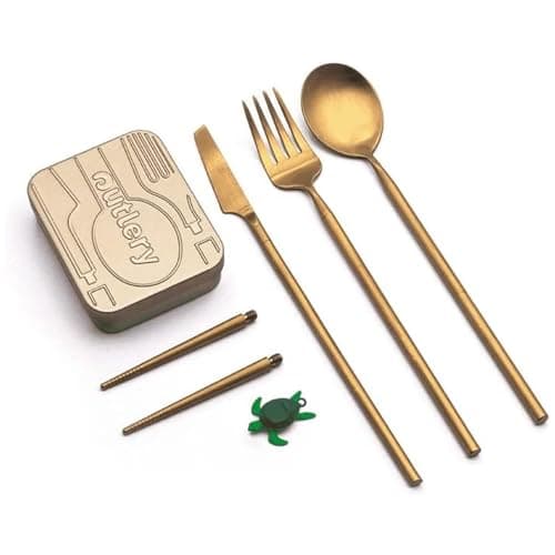 Outlery | Portable & Reusable Stainless Steel Travel Cutlery Set and Reusable Chopsticks (Metallic Gold) Pocket Sized Cutlery Set