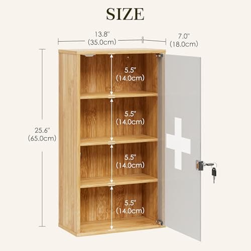 HEYZOEY Bamboo Medicine Cabinet with Lock, Wall Mounted Bathroom Storage Cabinet, Wooden Medicine Organiser for First Aid & Medicine Storage, Adjustable Shelves — view 3
